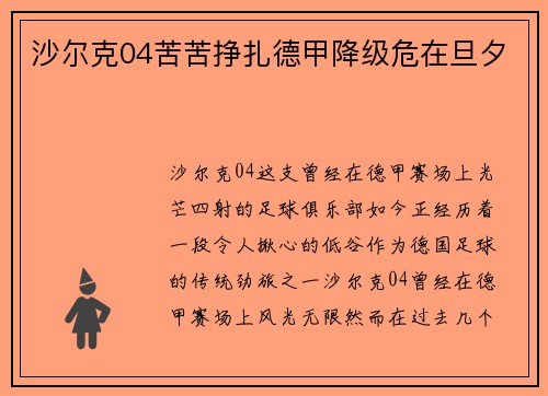 沙尔克04苦苦挣扎德甲降级危在旦夕