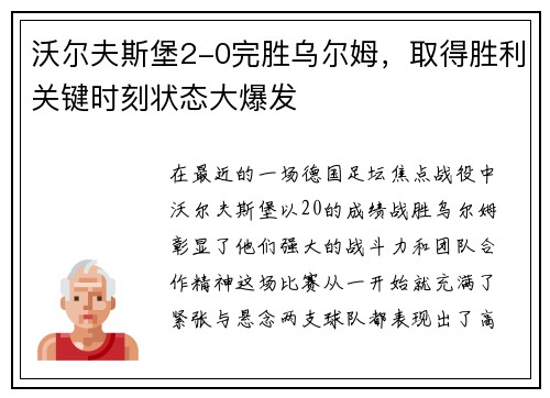 沃尔夫斯堡2-0完胜乌尔姆，取得胜利关键时刻状态大爆发